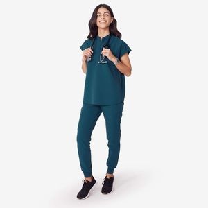 Figs Women’s Mandarin Collar Scrub Top & Zamora Jogger Pant color Caribbean blue